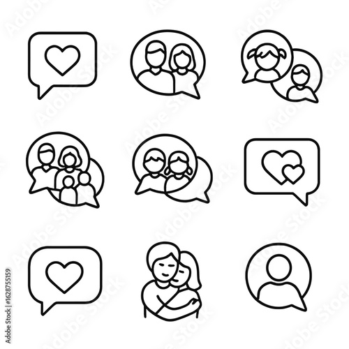 Family Chat Icons. Outline style icons of Relationship and Family Chat: love message bubble, parents chat icon, kids reply icon,