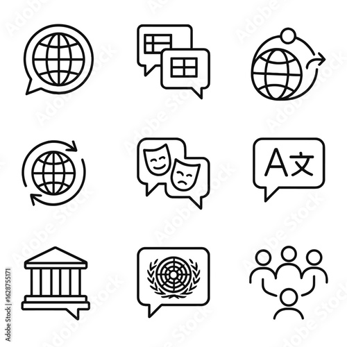 Global Communication Icons. Outline style icons of International Communication: globe bubble, multi-flag chat, global reach icon,