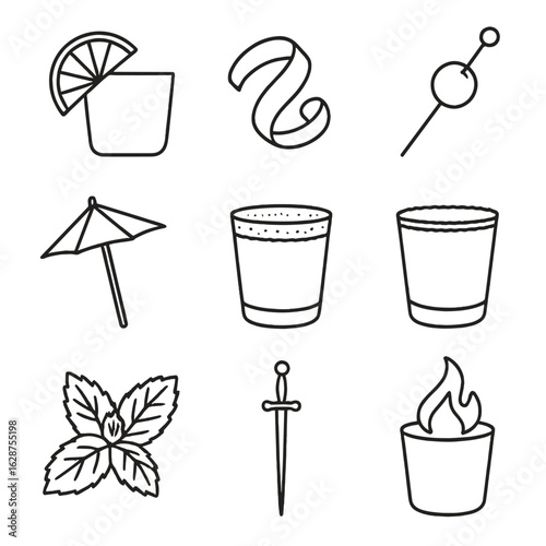 Signature Cocktail Garnishes. Outline style icons of Signature Garnishes: lime wedge on rim, orange peel curl, cherry skewer, mini