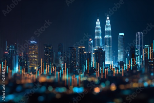 Kuala Lumpur cityscape illuminated at night with financial market chart overlay