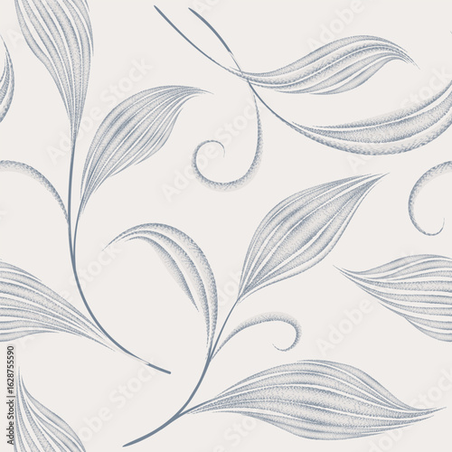 Seamless pattern with flourish leaves. Floral summer nature swirl line decora...