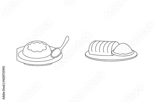 Dessert and meatloaf on plates spoon food