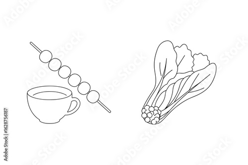 Skewered spheres and leafy greens food beverage
