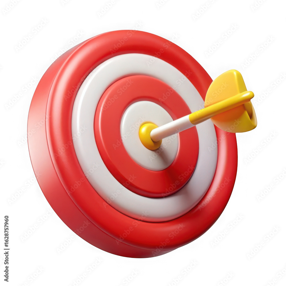 A classic red and white circular dartboard with a yellow tipped dart perfectly hitting the bullseye isolated on transparent background A classic red and white circular dartboard with a yellow tipped dart perfectly hitting the bullseye isolated on transparent background