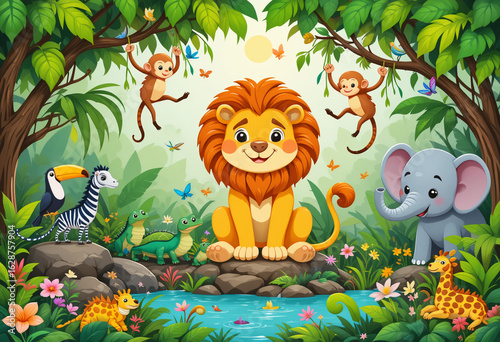Vibrant Jungle Scene with Adorable Cartoon Animals in a Lush Green Forest