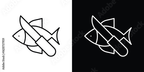 Fish and a knife icon for app. Thin line signs.