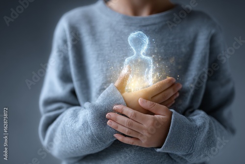 Child holding glowing figure in hands, representing inner child concept with magical aura