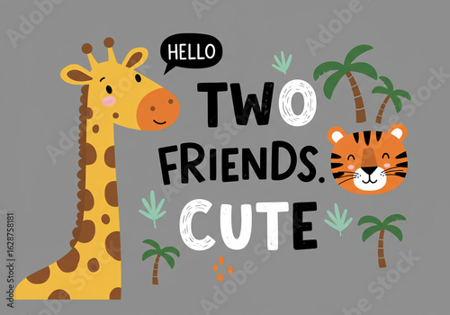 Cute Giraffe and Tiger Best Friends Illustration for Kids Apparel