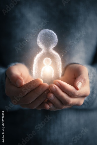 Hands holding glowing figures representing inner child concept with soft light and warmth