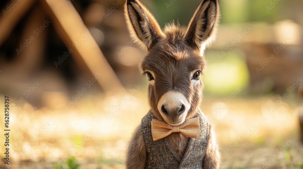 Fototapeta premium A baby donkey elegantly dressed in a stylish bowtie poses in a farmyard, radiating charm and cuteness that captivates all who gaze upon its adorable appearance.