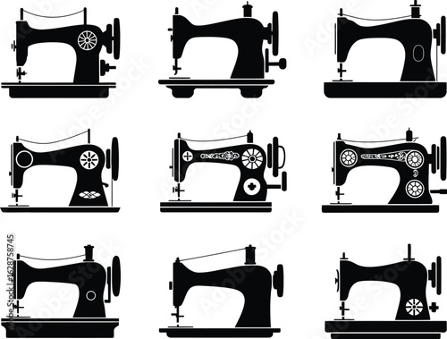 Vintage Sewing Machine Silhouettes Collection Black and White Vector Illustration Crafting Concept