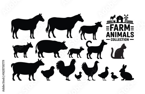 Collection of Farm Animal Silhouettes with Barn and Windmill