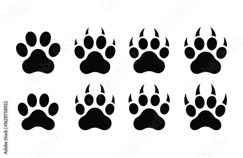 Set of eight black paw prints with claws animal track