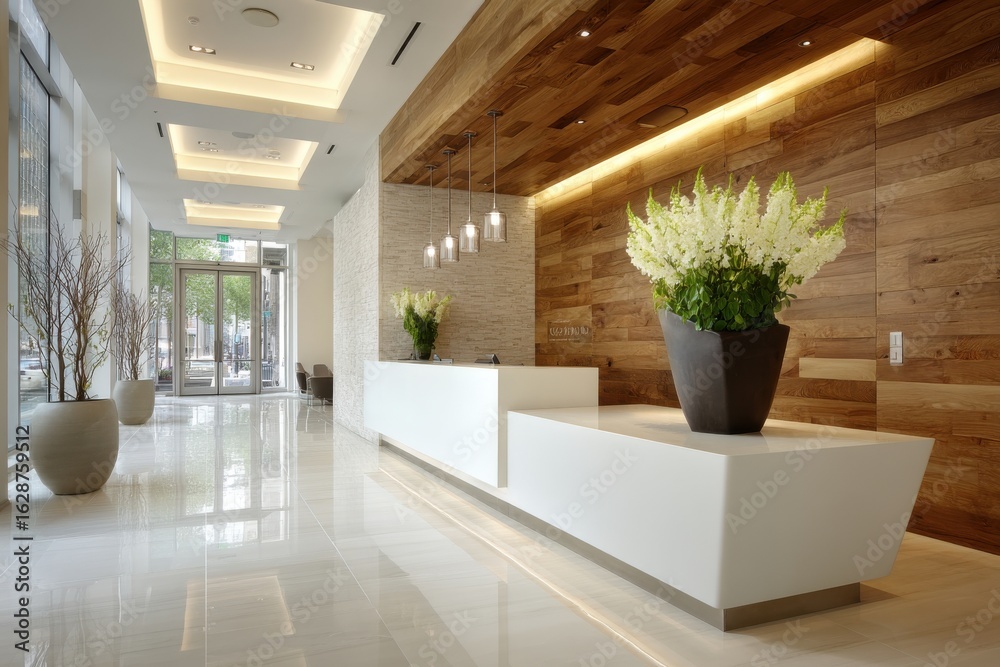 Fototapeta premium Bright and spacious lobby features contemporary decor with wooden accents and vibrant floral arrangements welcoming visitors