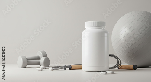 Fitness and Health Supplements with Dumbbells Jump Rope and Exercise Ball Lifestyle Photography