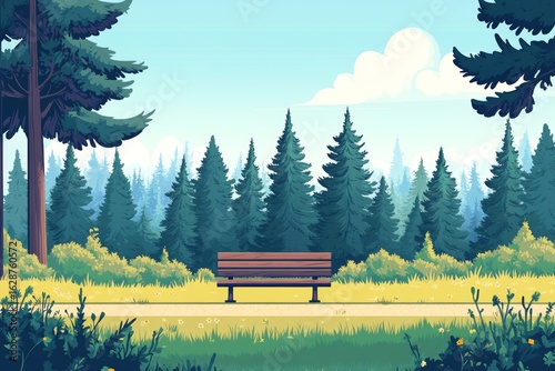 On a summer day during holidays and vacations weekend, a bench in a national park is set amidst a sequoia forest landscape with big green coniferous trees and a hiking trail