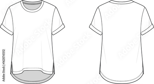 A technical fashion flat sketch on a white background, showcasing the front and back views of high-waisted active leggings with ergonomic color-block panels and shaped seams