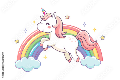 Cute black unicorn leaping over a rainbow