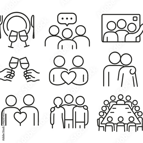 Social Gathering Icons. Outline style icons of Social Gathering: dinner plate with cheers, group chat, group photo moment, hug