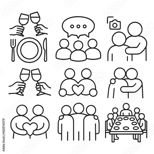 Social Gathering Icons. Outline style icons of Social Gathering: dinner plate with cheers, group chat, group photo moment, hug