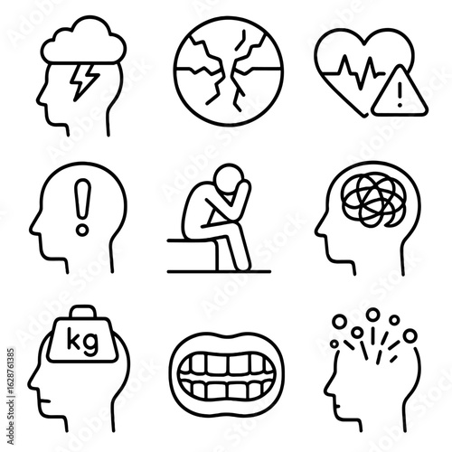 Anxiety and Stress Icons. Outline style icons of Anxiety and Stress: head with storm cloud, breaking point symbol, pulse icon with