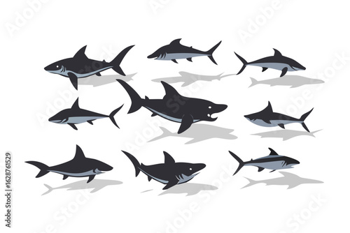 Collection of stylized sharks swimming in dark water