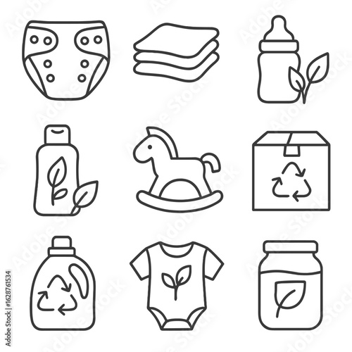 Sustainable Parenting Icons. Outline style icons of sustainable parenting: cloth diaper, reusable wipes, bamboo bottle, organic