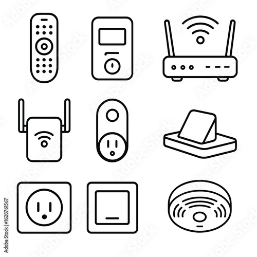 Household Electronics Icons. Outline style icons of household electronics: TV remote, thermostat, router, Wi-Fi extender, smart