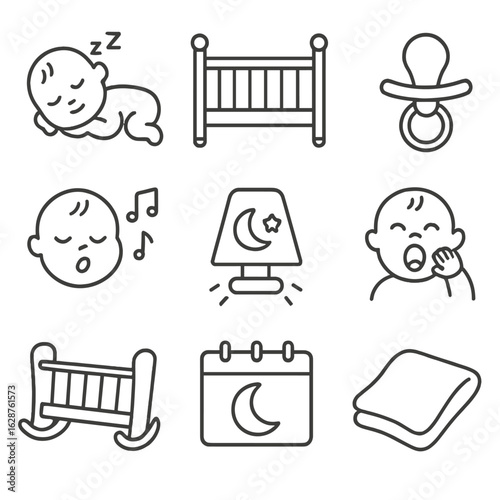 Baby Sleep Icons. Outline style icons of baby sleep and rest: baby sleeping, crib icon, pacifier use, lullaby singing, nightlight