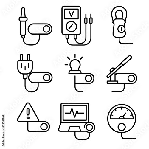 Testing Instruments Icons. Outline style icons of toggle switch testing: continuity tester, voltage meter, current probe, circuit