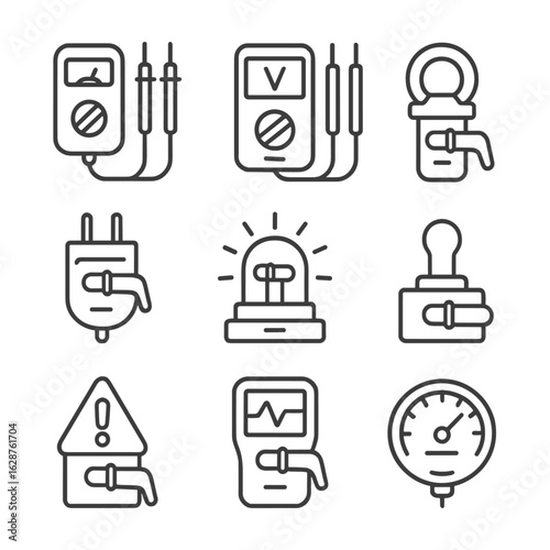 Testing Instruments Icons. Outline style icons of toggle switch testing: continuity tester, voltage meter, current probe, circuit