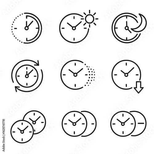 Time Zone Icons. Outline style icons of time zone transitions: time fade, day shift, night change, seasonal turn, clock flip,
