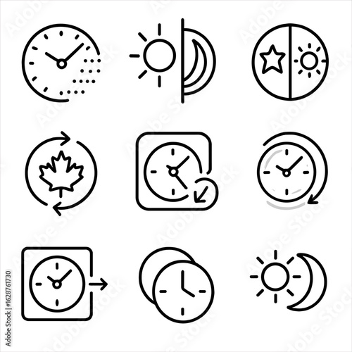 Time Zone Icons. Outline style icons of time zone transitions: time fade, day shift, night change, seasonal turn, clock flip,