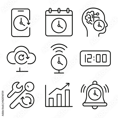 Time Management Icons. Outline style icons of time targeting technology: time app, smart scheduler, AI planner, cloud sync, time