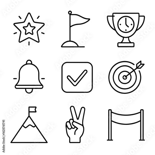 Icons of Success. Outline style icons of time targeting success: achievement star, goal flag, time trophy, success bell, completed