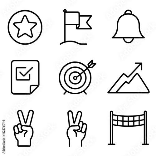 Icons of Success. Outline style icons of time targeting success: achievement star, goal flag, time trophy, success bell, completed