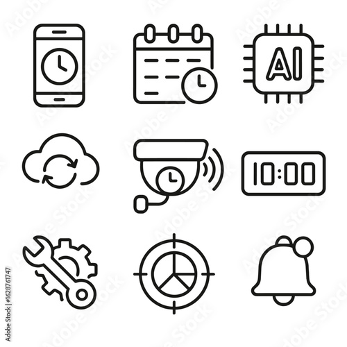 Time Management Icons. Outline style icons of time targeting technology: time app, smart scheduler, AI planner, cloud sync, time