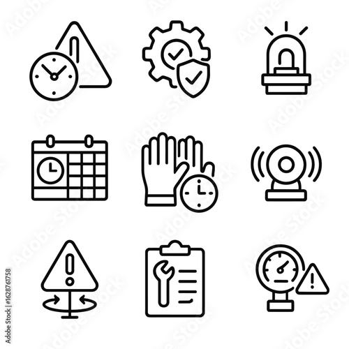 Industrial Safety Icons. Outline style icons of Industrial Safety and Timing: hazard clock, gear with safety shield, machine