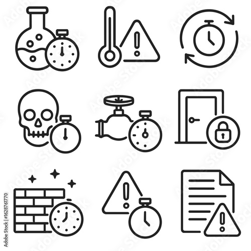 Hazard Prevention Icons. Outline style icons of Hazard Prevention Through Time: chemical reaction timer, machine overheating alert