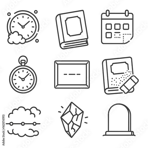 Forgotten Time Icons. Outline style icons of Forgotten Time: dusty clock, closed yearbook, faded calendar, antique watch, empty