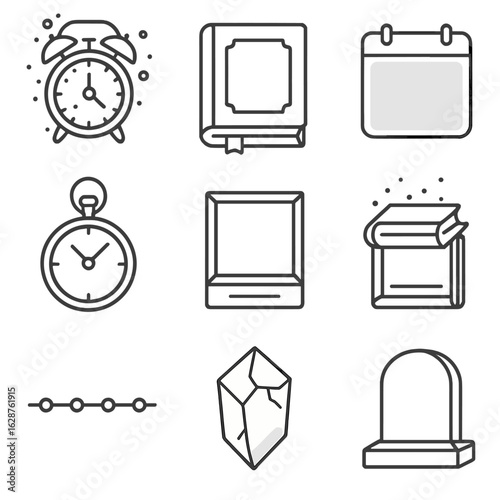 Forgotten Time Icons. Outline style icons of Forgotten Time: dusty clock, closed yearbook, faded calendar, antique watch, empty