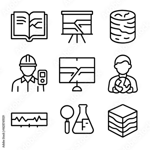 Tectonic Study Icons. Outline style icons of Tectonic Research and Study: geology book icon, tectonic lecture board, rock core