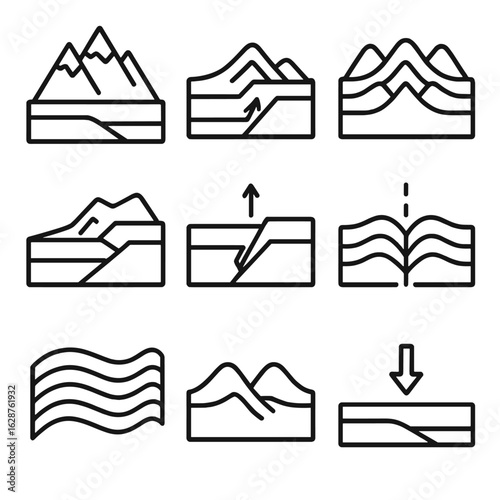 Plate Collision Icons. Outline style icons of Plate Collision Features: mountain uplift, crust buckling, fold belt formation,