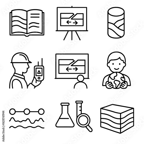 Tectonic Study Icons. Outline style icons of Tectonic Research and Study: geology book icon, tectonic lecture board, rock core