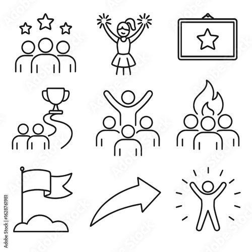 Team Motivation Icons. Outline style icons of Team Motivation: stars around team, cheerleader icon, motivation quote board, trophy