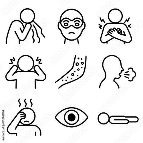 Toxic Exposure Icons. Outline style icons of Toxic Exposure Symptoms: vomiting icon, blurry eyes, chest tightness, seizure lines,