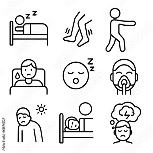 Sleep Disorder Icons. Outline style icons of Sleep Disorder Symptoms: insomnia bed, restless legs, sleepwalking icon, night sweats