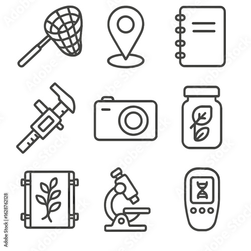 Field Tools Icons. Outline style icons of Systematics Field Tools: specimen net, GPS marker, collection notebook, caliper icon,