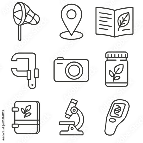 Field Tools Icons. Outline style icons of Systematics Field Tools: specimen net, GPS marker, collection notebook, caliper icon,
