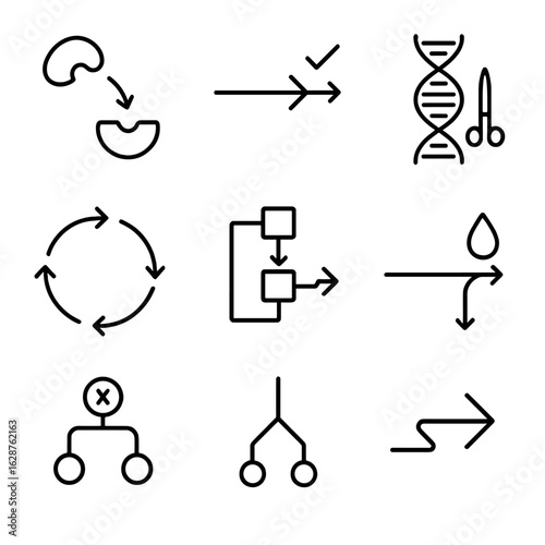 Genetic Pathway Icons. Outline style icons of Genetic Pathway Editing: enzyme reaction path, pathway interruption, multi-gene